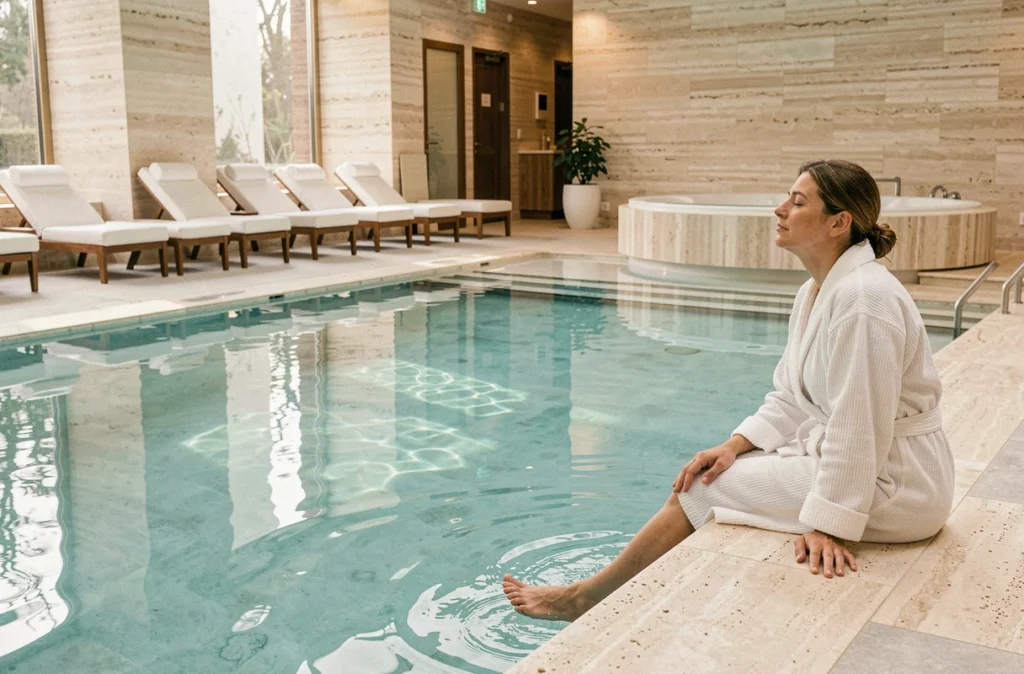 Piscine intérieure et jacuzzi de l'Hôtel & Spa Le Mareuil, espace bien-être luxueux dans le Nord