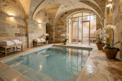 Piscine intérieure et espace spa dans un hôtel du Nord de la France, ambiance élégante et apaisante