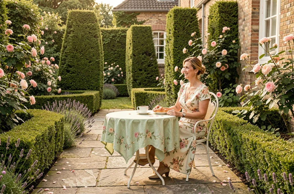 Terrasse fleurie des Jardins de Lois, chambre d'hôtes avec spa dans le Nord, entourée de jardins en fleurs