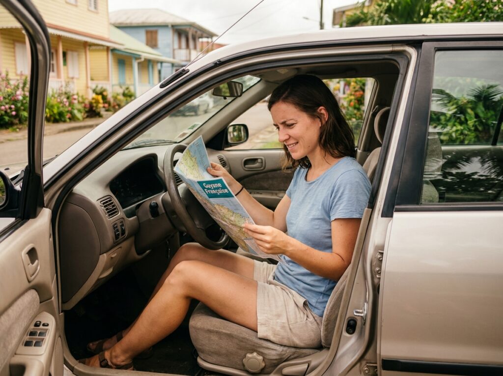 Femme au volant d'une voiture de location consultant une carte en Guyane, rue colorée de style créole en arrière-plan