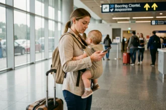 Mère avec bébé en porte-bébé ventral à l'aéroport prête pour l'embarquement prioritaire Volotea