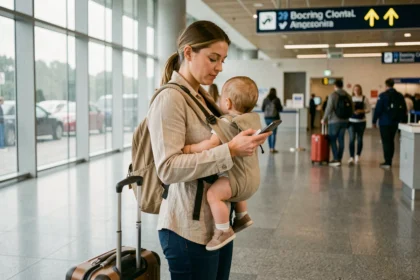 Mère avec bébé en porte-bébé ventral à l'aéroport prête pour l'embarquement prioritaire Volotea