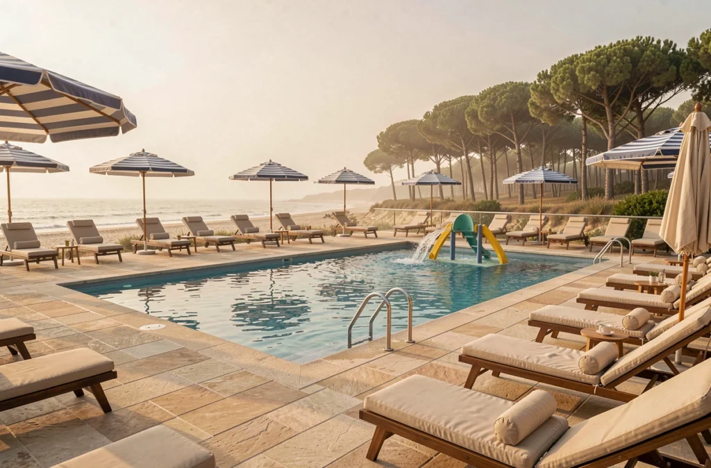 Piscine du MS Vacances Pontaillac Plage à Royan avec plage de galets et forêt de pins en arrière-plan