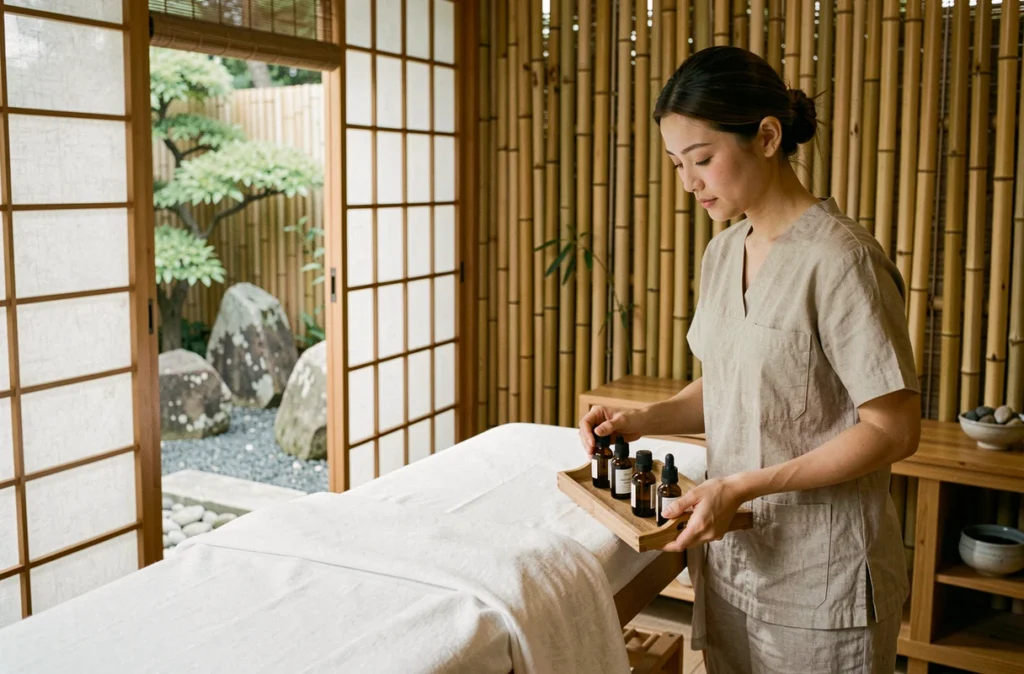 Salle de soin zen et épurée du spa Ô Bonsaï, inspiration japonaise avec décoration en bambou et galets