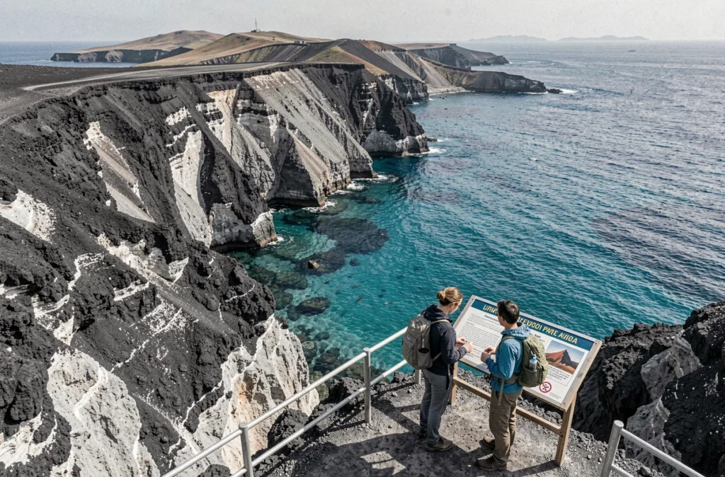 Couple lisant un panneau d'information sur les zones volcaniques actives sur l'île de Lipari dans les îles Éoliennes, Italie