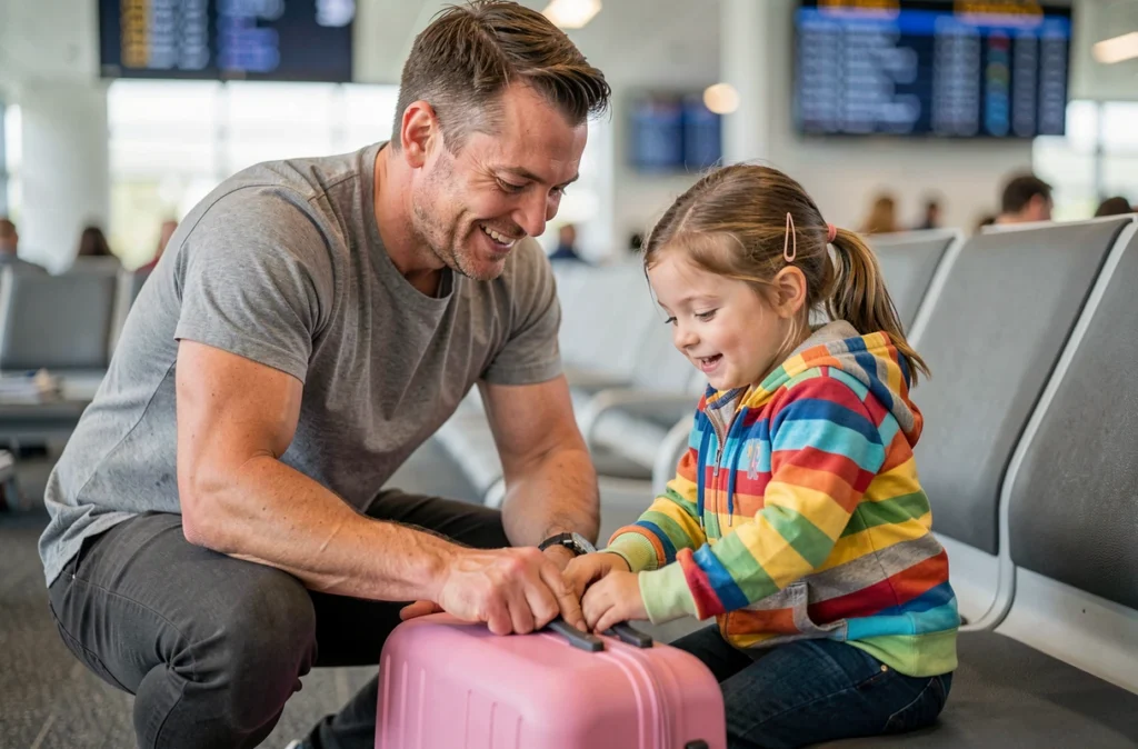 Père et fille préparant leurs bagages à main avant l'embarquement prioritaire en famille