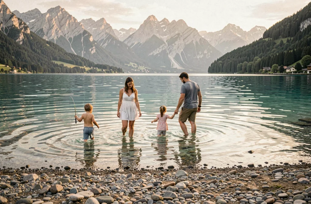 Plage de Saint-Jorioz sur le lac d'Annecy avec une famille se baignant dans une eau turquoise aux reflets alpins