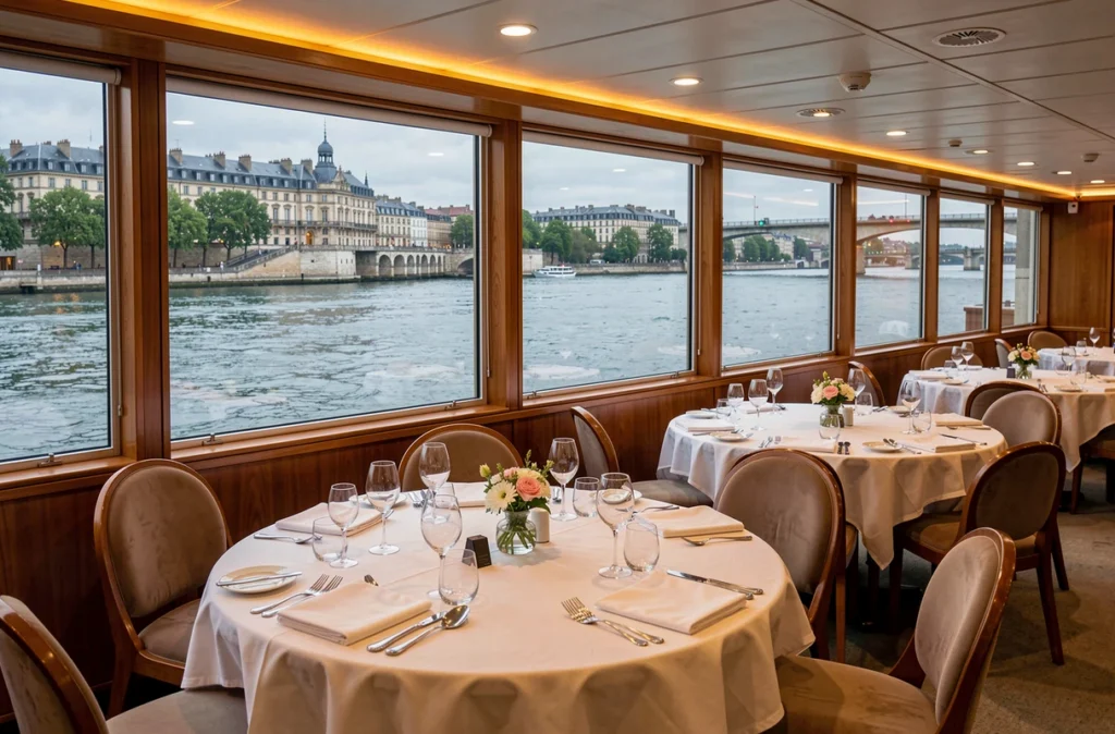 Salle de restaurant élégante à bord d'un bateau de croisière fluviale sur le Rhône avec vue panoramique