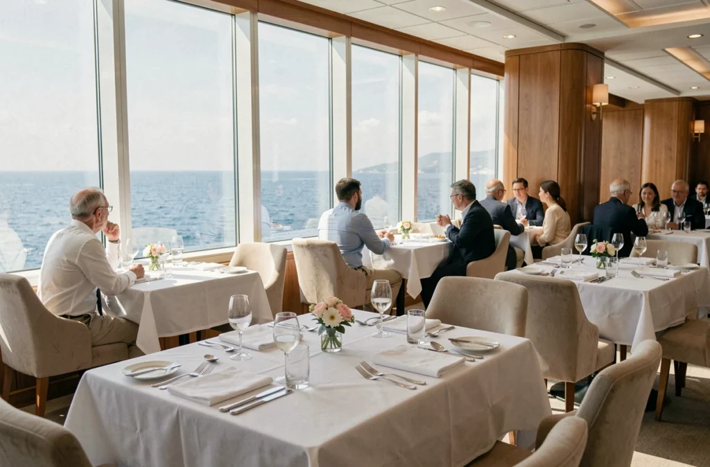Restaurant panoramique d'un bateau de croisière avec vue sur la mer Méditerranée