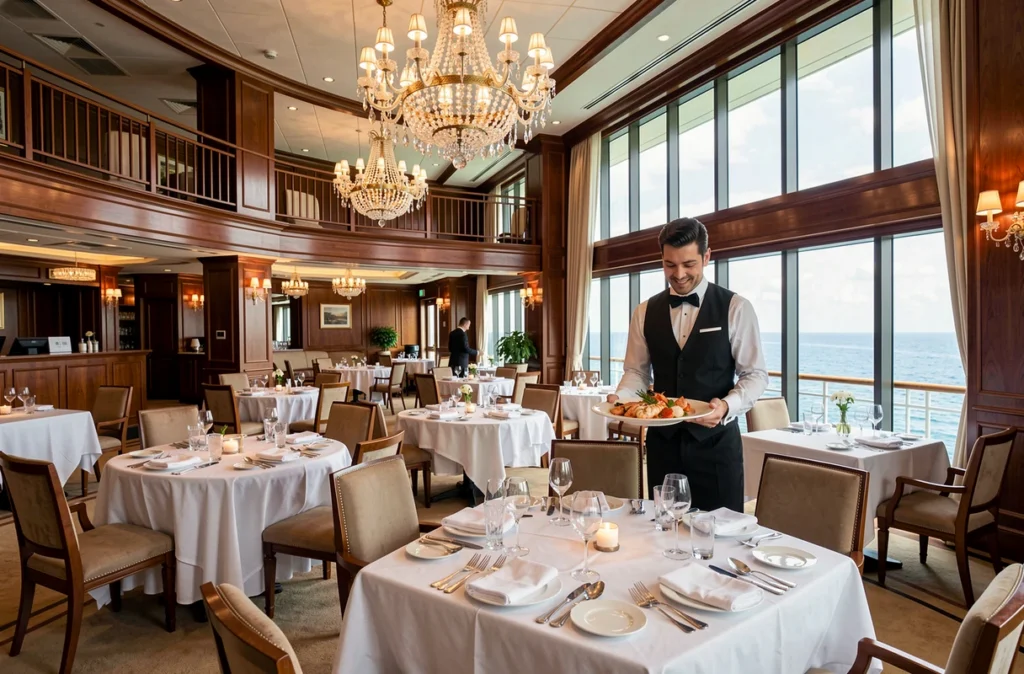 Restaurant gastronomique luxueux à bord d'un paquebot de croisière avec vue panoramique sur la mer