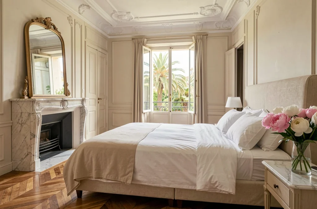 Chambre élégante de la Villa Palama à Marseille avec parquet en chevrons, moulures et cheminée en marbre