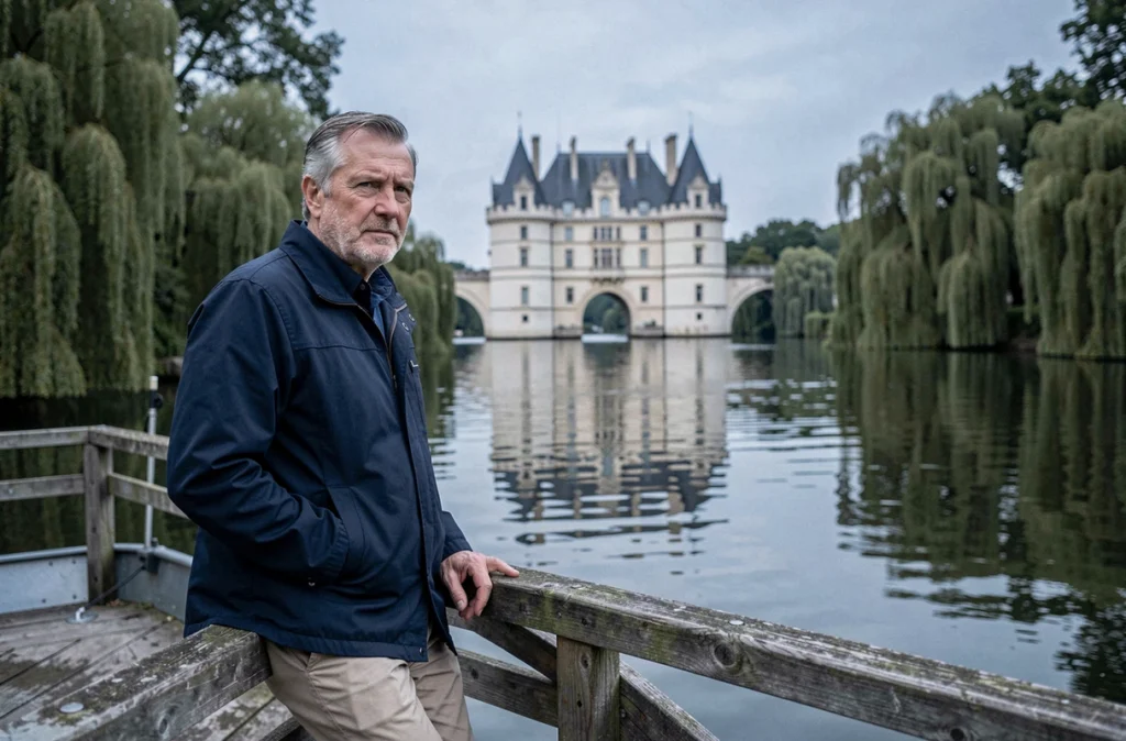 Homme en bateau sur le Cher contemplant le reflet du Château de Chenonceau depuis la rivière