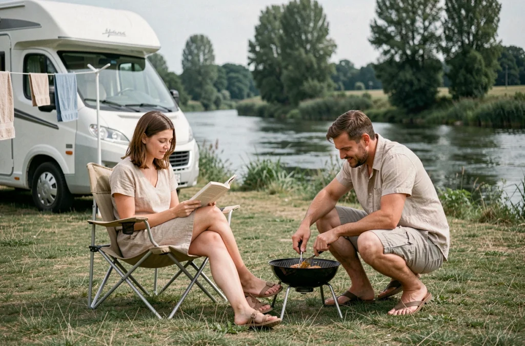 Couple se relaxant au bord de la rivière dans un camping du Rhône avec vue sur les peupliers et l'eau calme