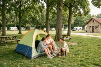 Famille installant une tente dans un camping ombragé du Rhône entouré de chênes et de pelouses verdoyantes
