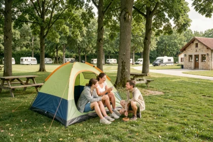 Famille installant une tente dans un camping ombragé du Rhône entouré de chênes et de pelouses verdoyantes