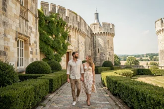 Couple se promenant sur le chemin pavé sous les remparts du Château d'Amboise dans la vallée de la Loire