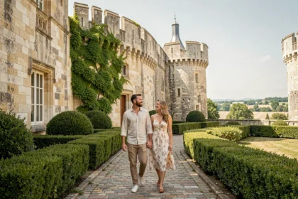 Couple se promenant sur le chemin pavé sous les remparts du Château d'Amboise dans la vallée de la Loire