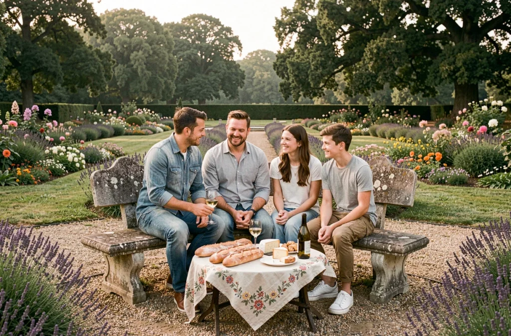Famille en pique-nique dans les jardins formels entre les châteaux d'Amboise et de Chenonceau en Touraine