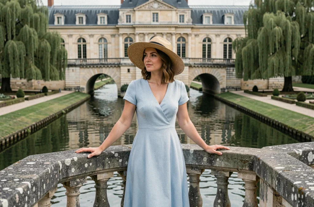 Femme voyageant seule sur le pont galerie du Château de Chenonceau au-dessus du Cher